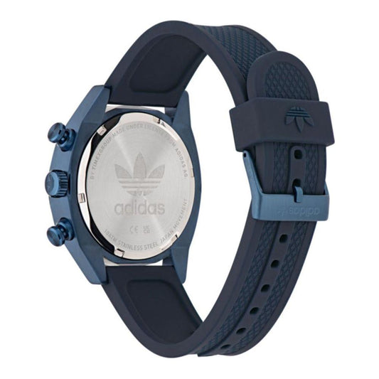 Back view of Adidas black synthetic watch with blue stainless steel case, black silicone strap, and buckle closure.