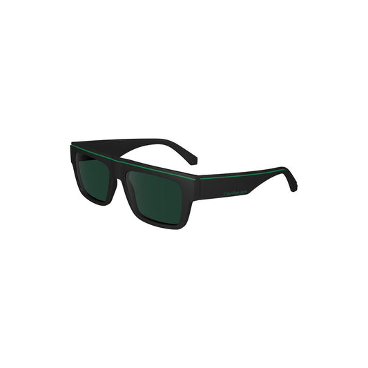 Calvin Klein black rectangular sunglasses with injected plastic frame, contrast details, 55mm lens width, 17mm bridge, 145mm temple.