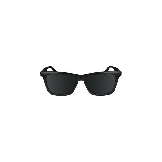 Calvin Klein black plastic sunglasses with injected frame, square black lenses, 54mm width, and logo detailing.