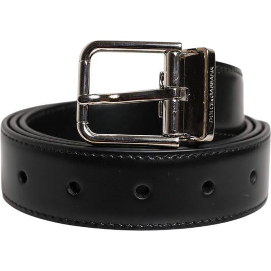 Dolce & Gabbana Black Calf Leather Silver Metal Buckle Belt