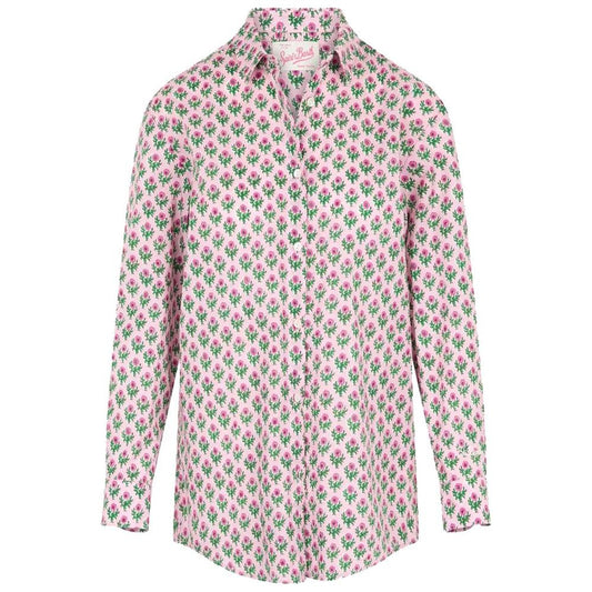 MC2 Saint Barth pink cotton shirt with floral print, mother-of-pearl buttons, long sleeves, and buttoned cuffs.