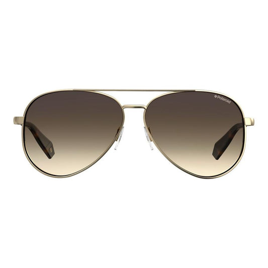 Polaroid gold metal aviator sunglasses with brown polarized lenses, elegant design, and 61/12/140mm measurements.